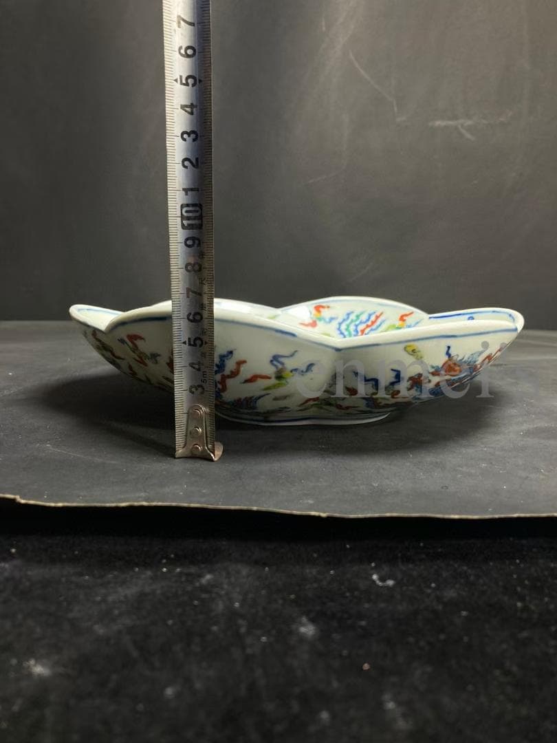 中国古美術・五彩絵花口皿・花形五彩龍鳳皿・純手作り・陶磁器・茶道具・飾皿