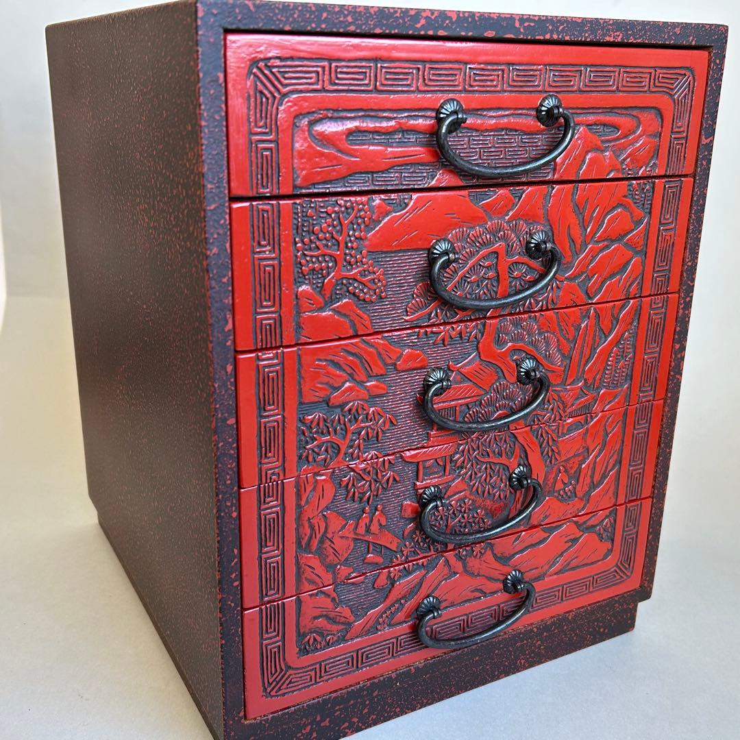 【希少】 堆朱　漆器　手彫り　引き出し 小箪笥 木製 松 伝統工芸 和箪笥 5段