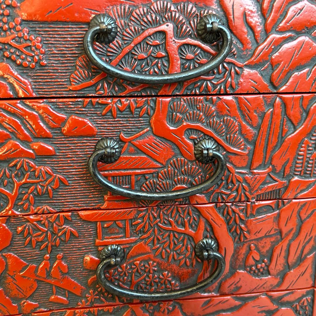 【希少】 堆朱　漆器　手彫り　引き出し 小箪笥 木製 松 伝統工芸 和箪笥 5段