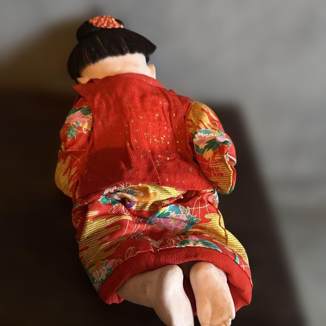 最終お値下げ‼️ヴィンテージ　市松人形 赤と緑の花柄着物　幼子　かわいいあんよ