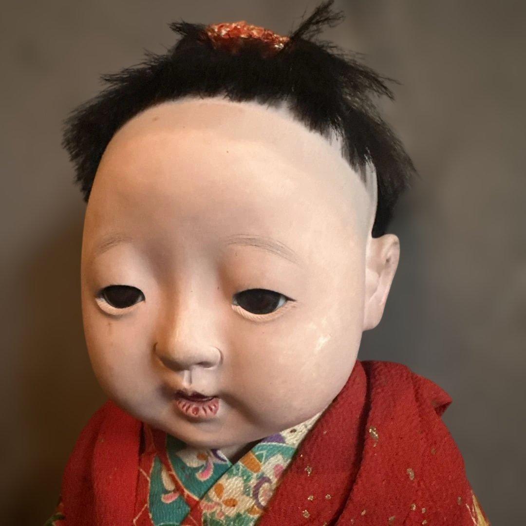 最終お値下げ‼️ヴィンテージ　市松人形 赤と緑の花柄着物　幼子　かわいいあんよ