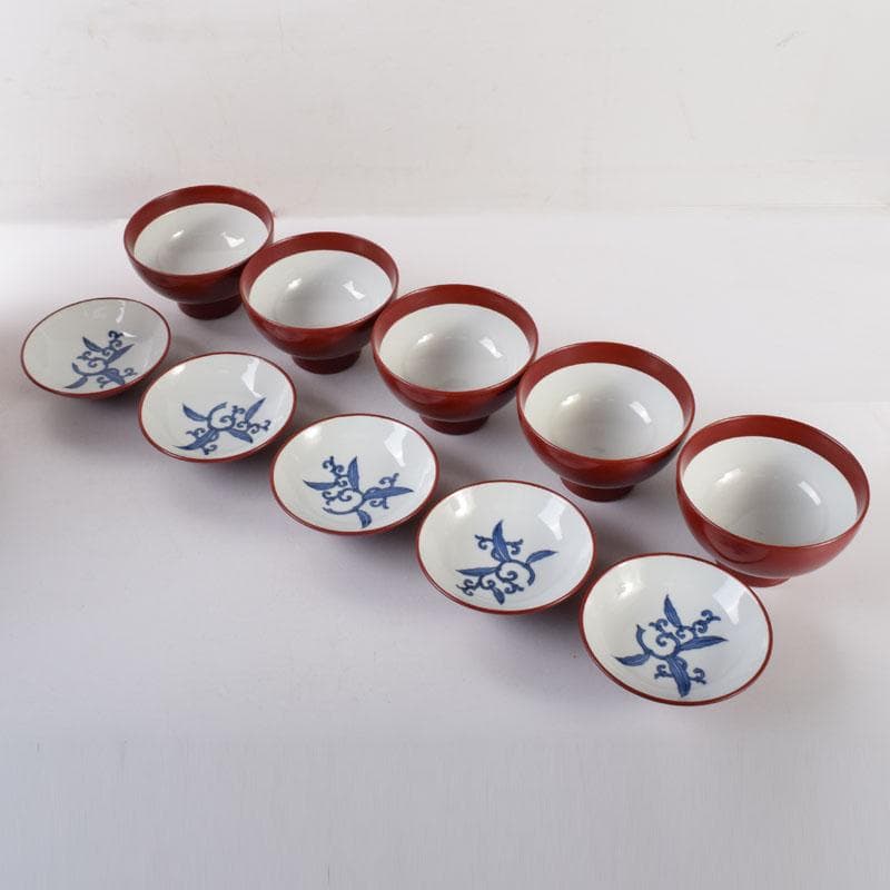 和食器　松谷窯　内染付　陶漆　蓋物　蓋碗　５客　共箱　M　R8058C