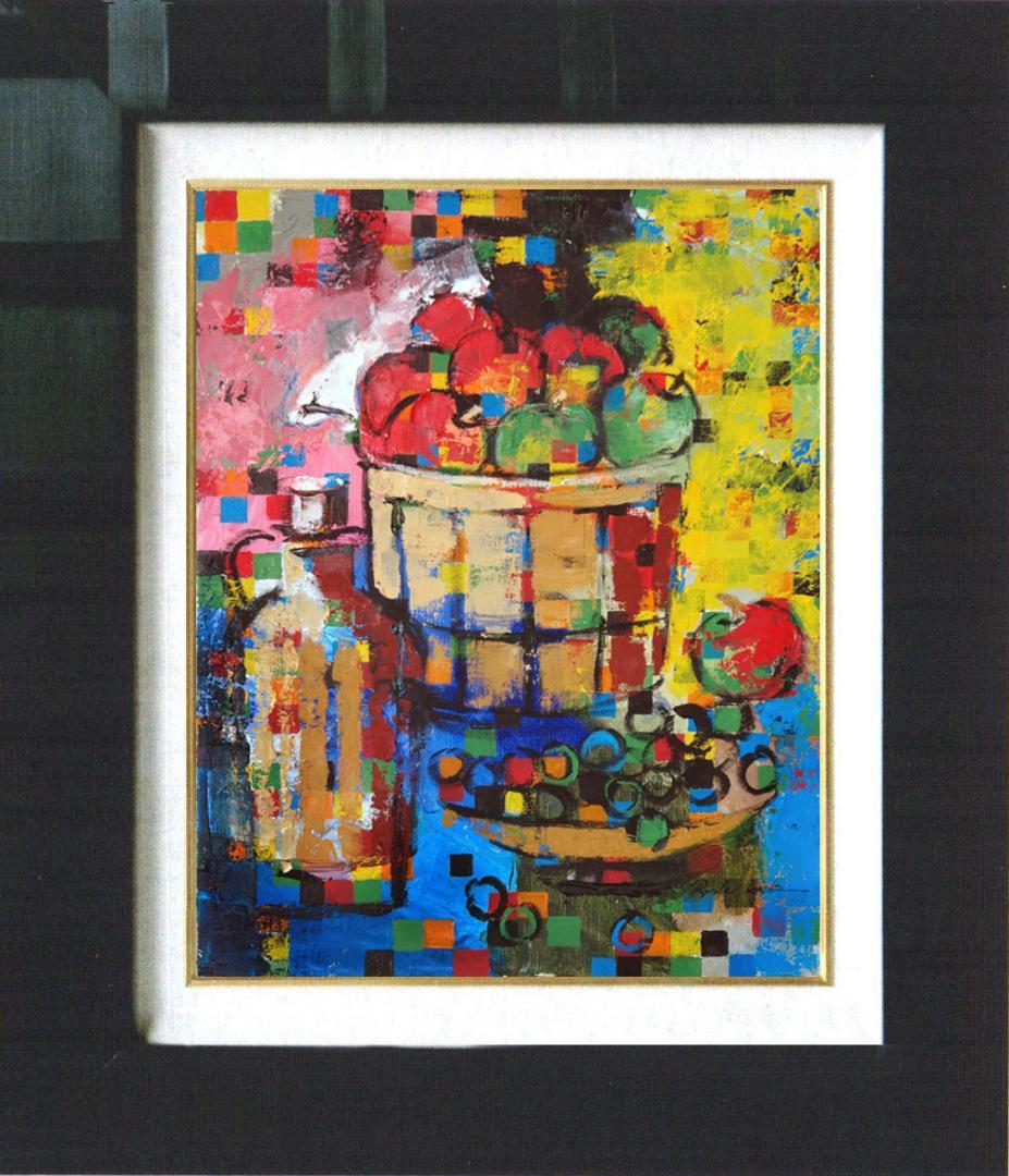 油絵 菅家令子絵 絵画インテリア額付(青緑＋金色の枠)uF6-063704果物瓶