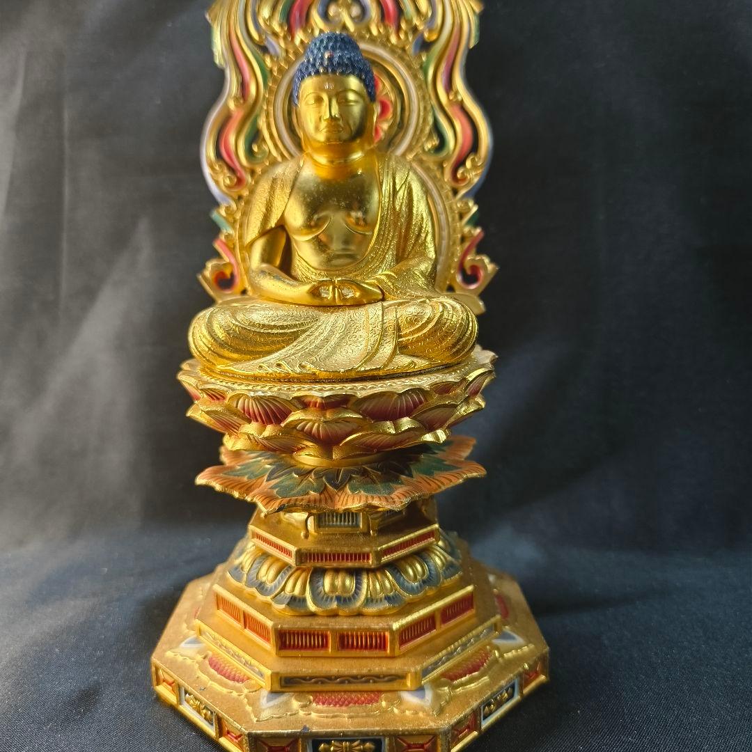 仏教美術 阿弥陀仏座像 銅製鍍金色彩仏像 時代物 旧家蔵出し コレクター放出美品