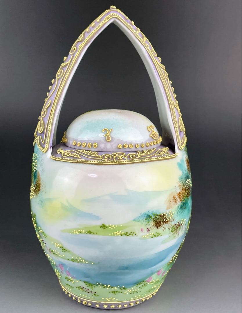 【希少】オールドニッポン 一陳盛り上げ 風景紋 バスケット 花籠 花瓶