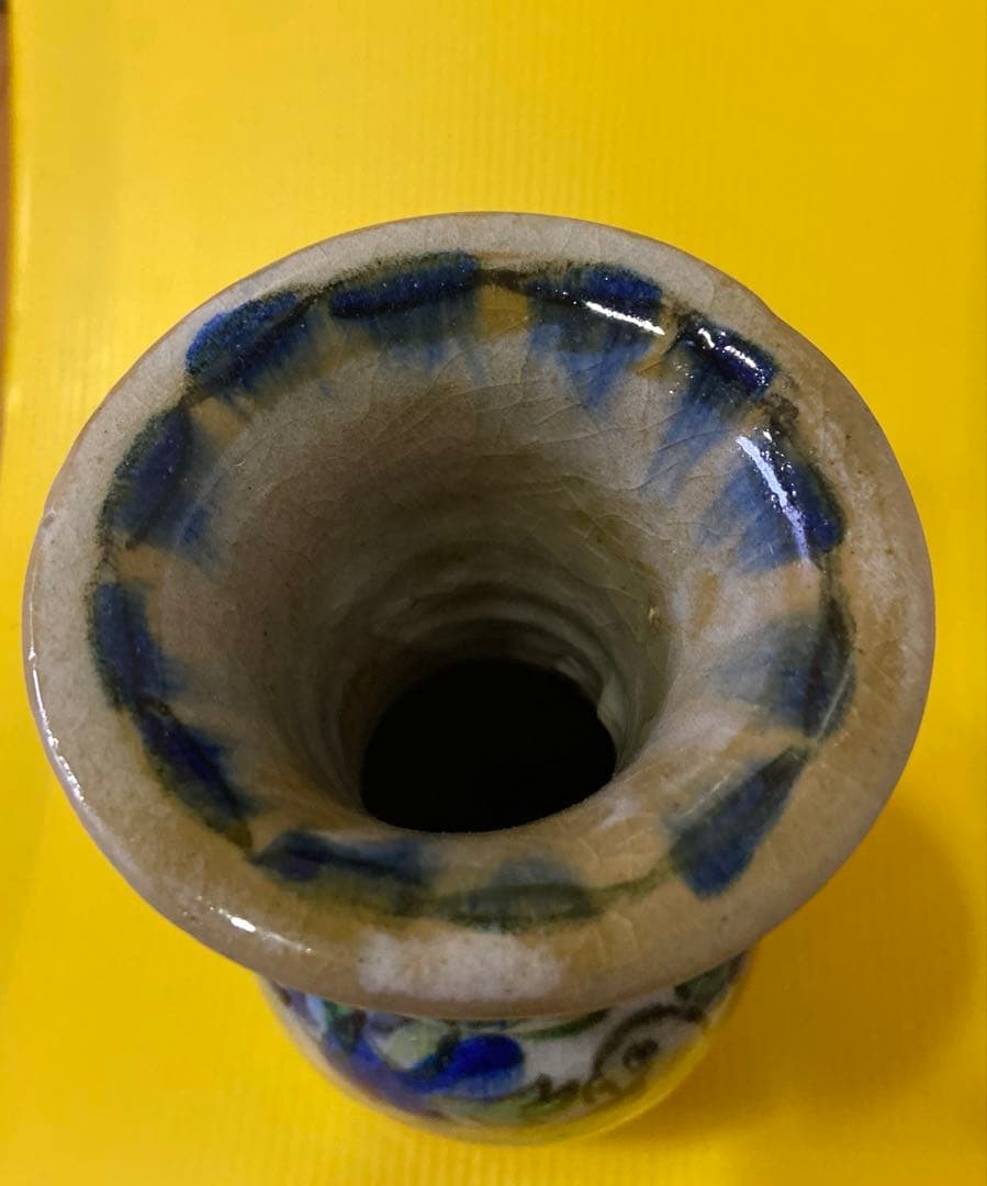 ペルシャ イラン アンティーク 手描き花瓶 青と緑の花模様