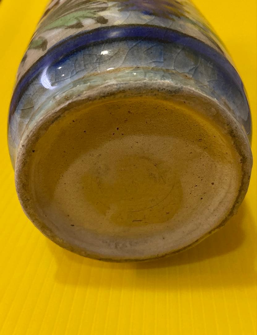 ペルシャ イラン アンティーク 手描き花瓶 青と緑の花模様