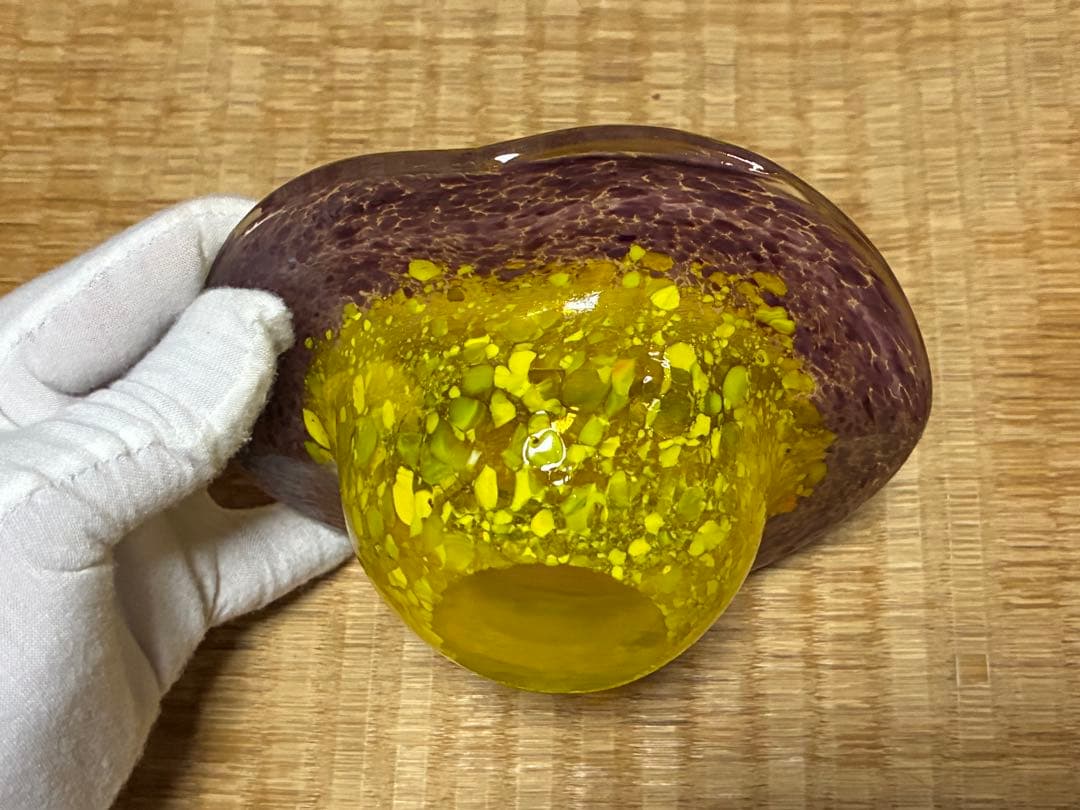 岩田ガラス 硝子 紫と黄色 ガラス皿 灰皿 【岩田藤七】共箱