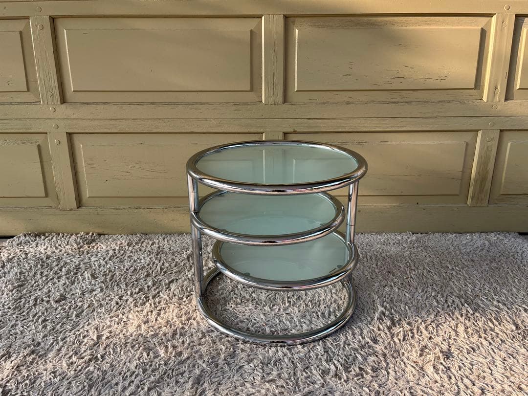 ラウンドテーブル 3段ガラス ミッドセンチュリー モダン スペースエイジスタイル