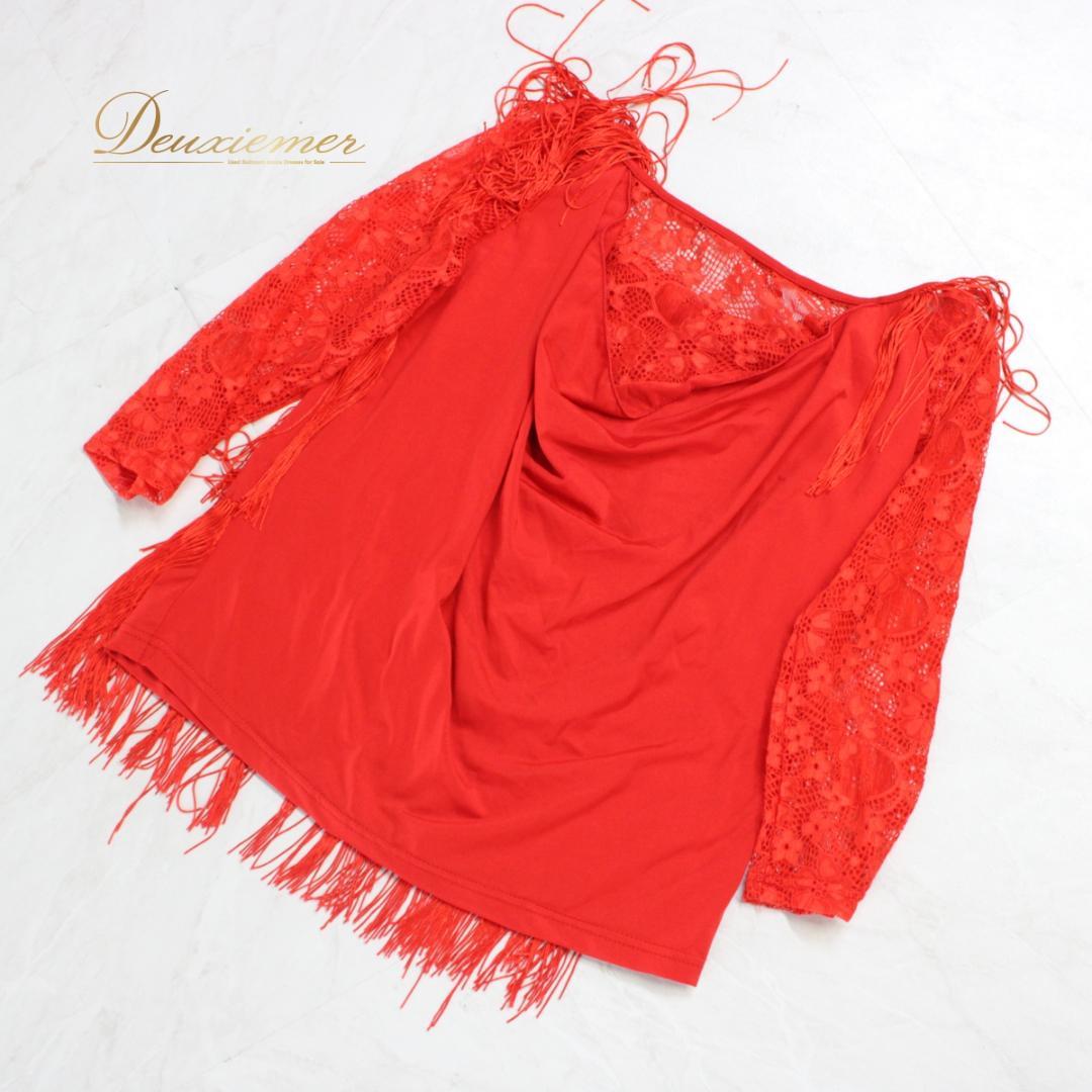 【美品 社交ダンス衣装】上下セット ラテン Lサイズ 赤 レッド レース 派手