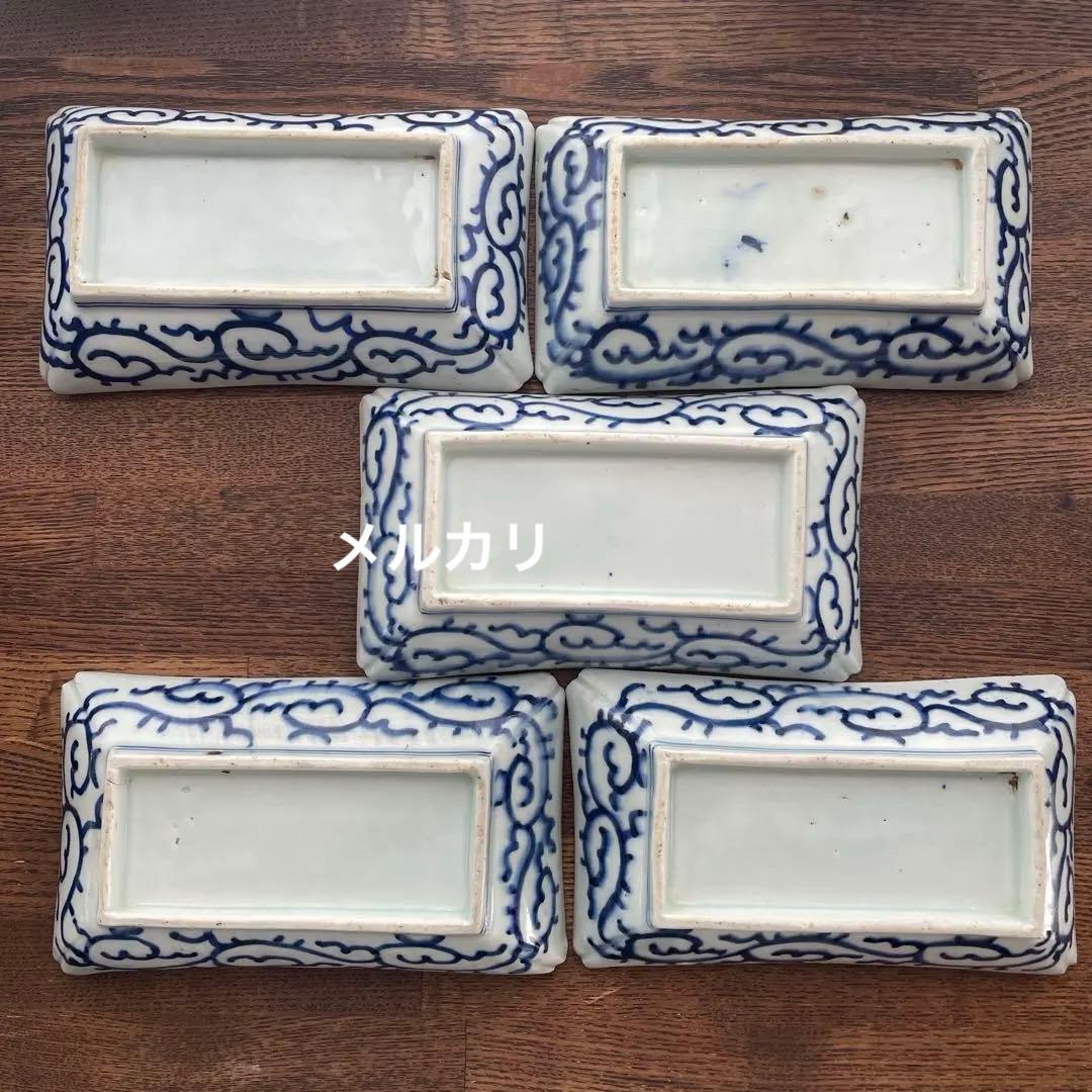古伊万里染付　微塵唐草　松竹梅　五客揃　長皿5客　骨董アンティーク　隅入角皿