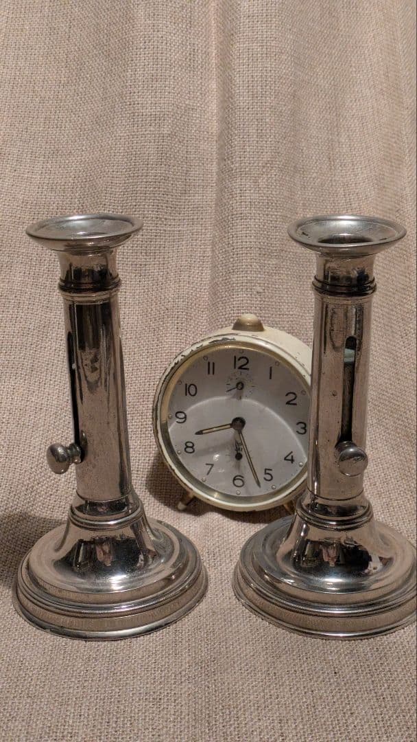 【完動良品】フランスアンティーク 高さ調節可能な蝋燭台 レア銀色2個 25-D