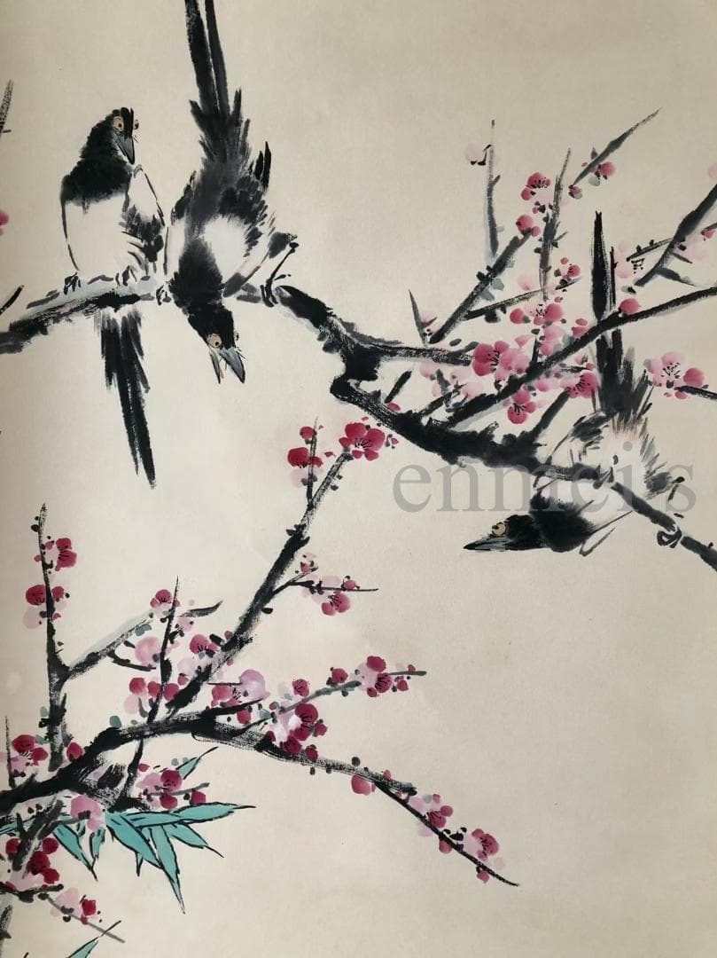 中国古美術・純手描き鳥と花掛軸・水墨画・王雪涛印款・茶道・賞物・珍品画・肉筆