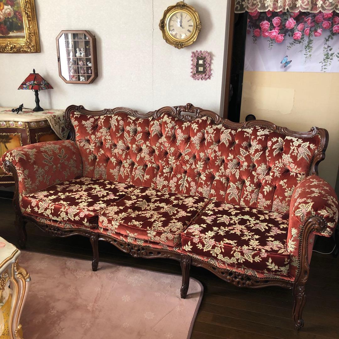 金華山 イタリア　ビクトリアンスタイル 3人掛けソファ 赤色 花柄