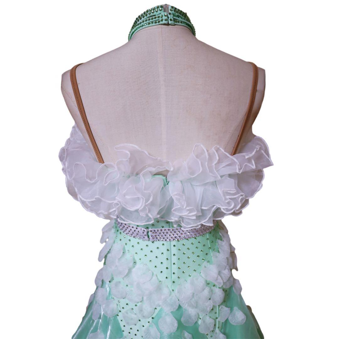 【新品】社交ダンススタンダードドレス/ミントグリーン系&白フリル