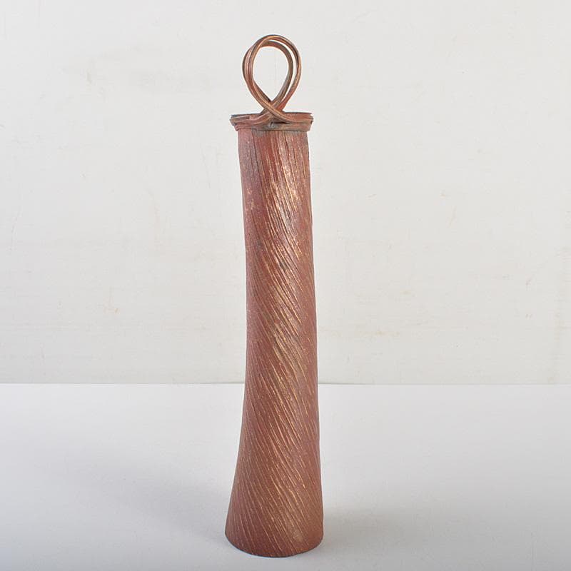 高岡銅器　須賀正紀造　蝋型鋳銅　素文耳付花生　花器　共布共箱　C　R7485