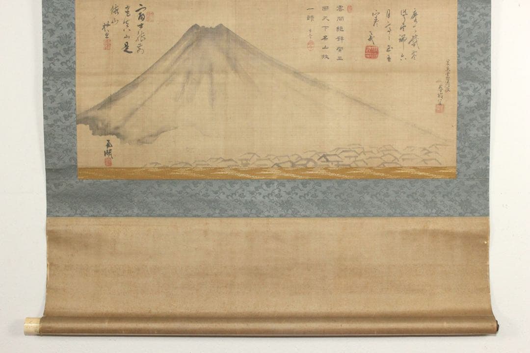 No5370掛軸　春城　南湖 他　富嶽画賛　絹本　山水　富士山　古美術　送料無料