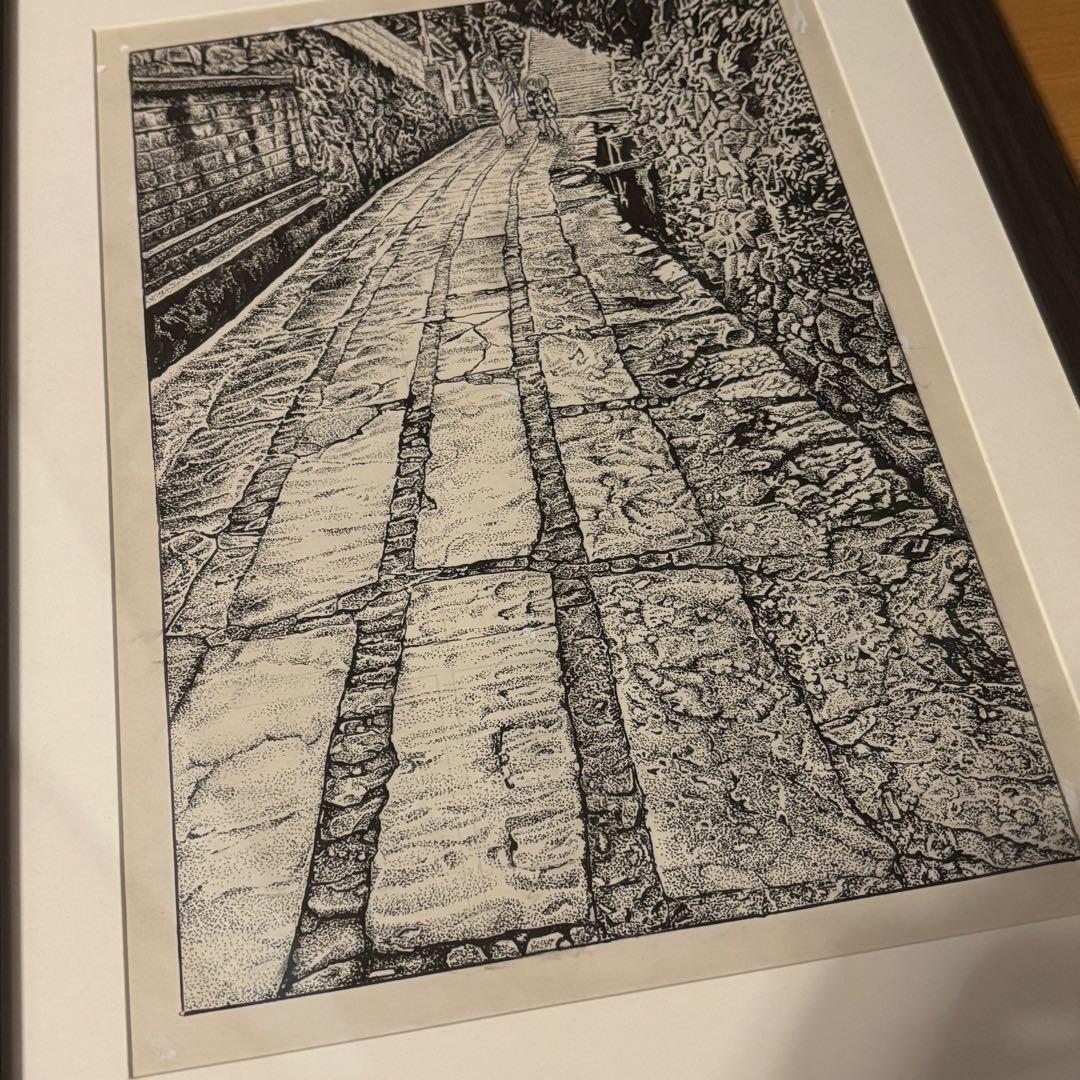 水木しげる アシスタント直筆原画 点描作品 「石畳の道」 額装品 希少原稿