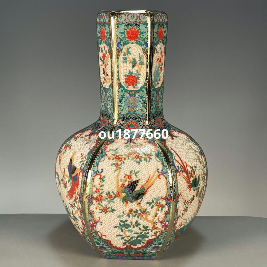 琺瑯彩六稜蒔金花鳥瓶 景徳鎮 陶磁器 装飾品 現代工芸品 美術品 置物
