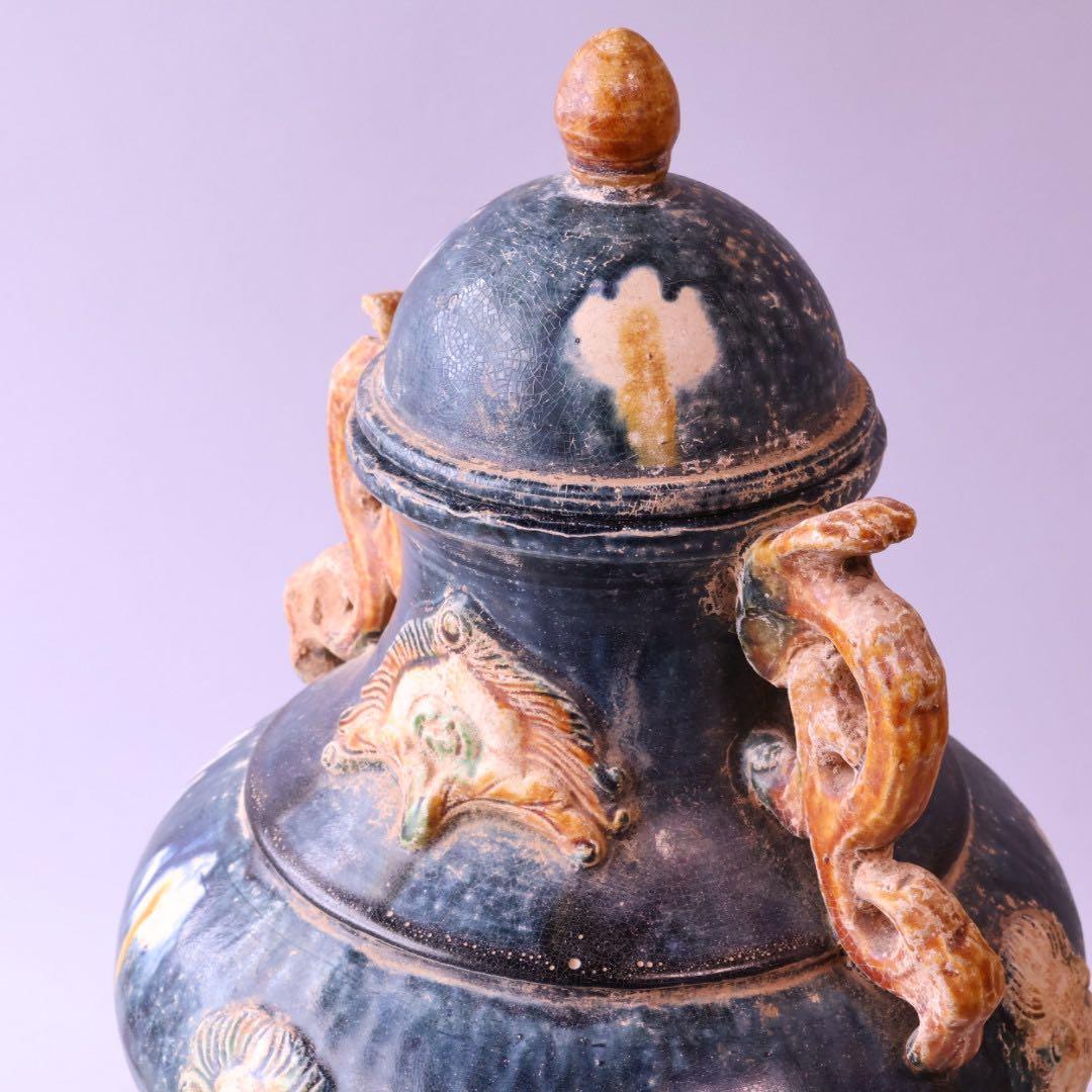 時代物 唐三彩藍釉壷 木箱付