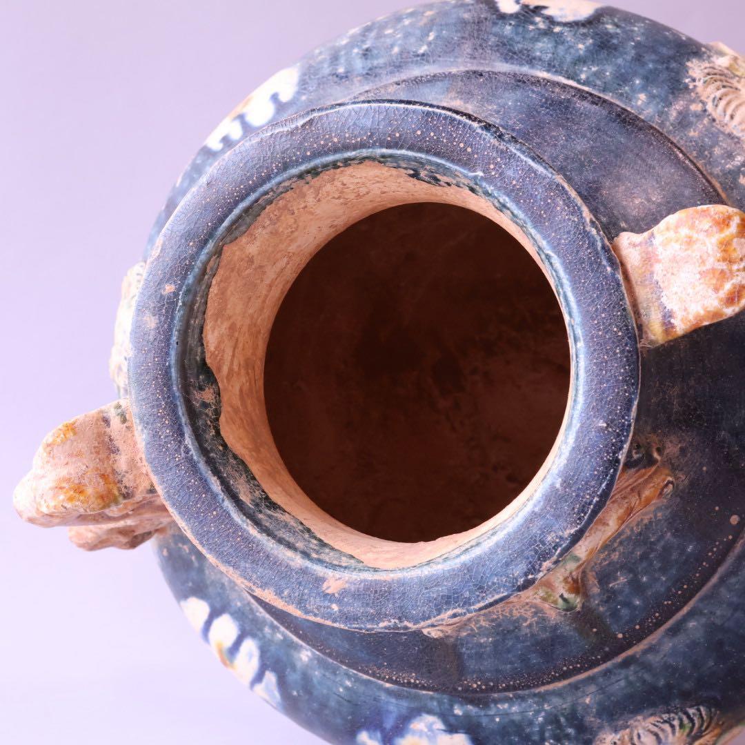 時代物 唐三彩藍釉壷 木箱付