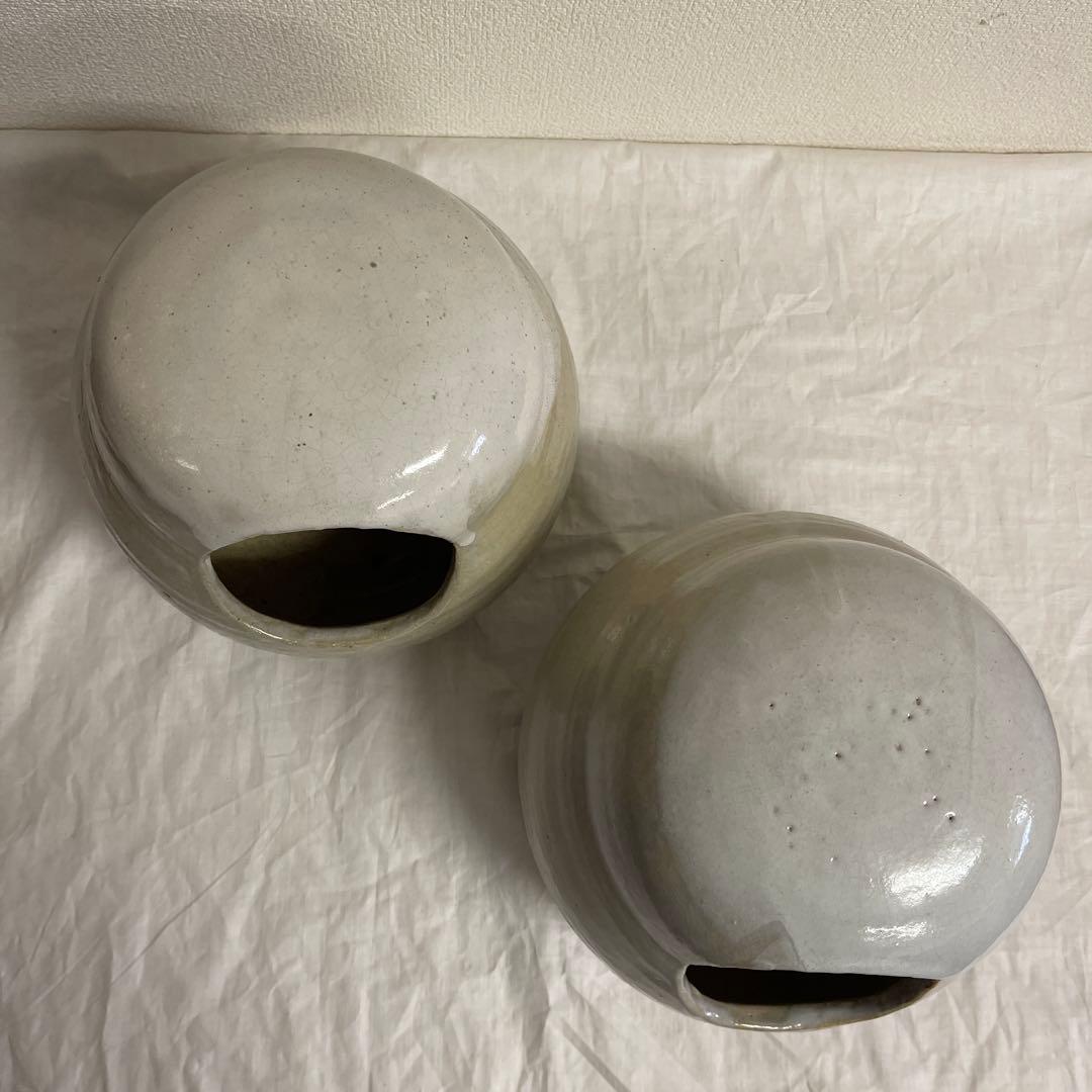 萩焼　十代三輪休雪　だるま手焙　一対　長期保管品