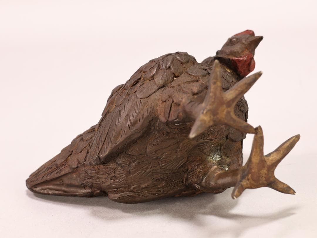 BK442　時代金工　古銅　双鶏　置物　ブロンズ　床飾り　金運　仕事運　子孫繁栄