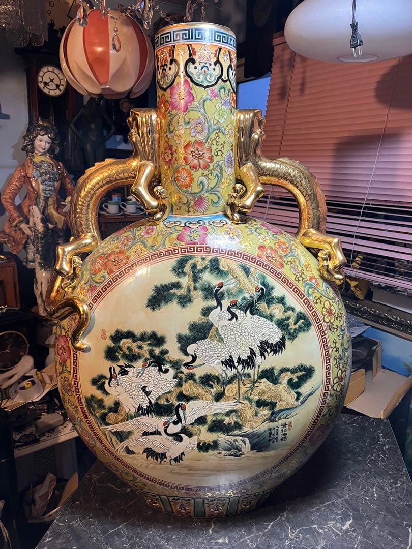 中国美術、嶺東窯製 、金彩花瓶93㌢金彩色絵 大花瓶 、鶴図 、龍、特大花瓶