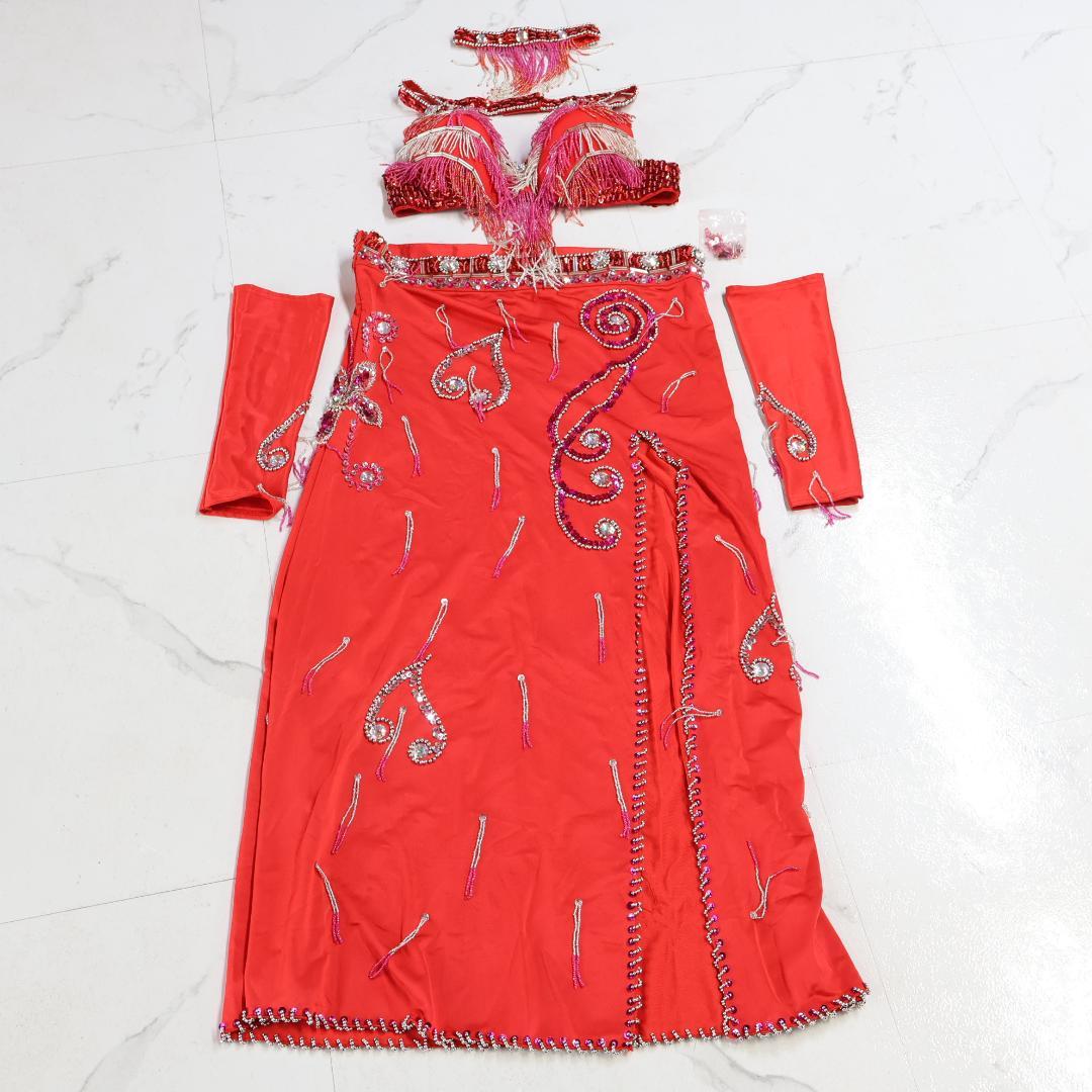 【ベリーダンス用 オリエンタル衣装】レッド スパンコールラメ多数 赤 ビーズ