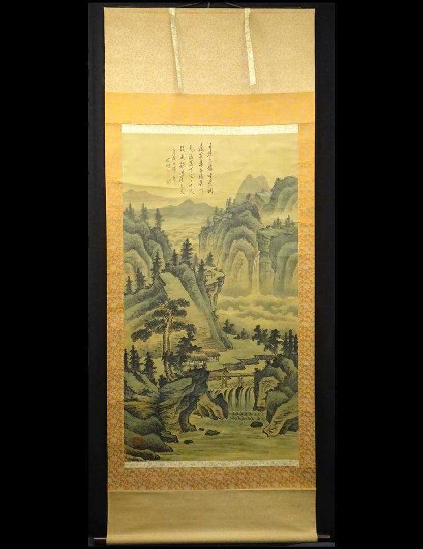 大幅掛軸 陳世向『李白 望盧山瀑布』中国画 絹本 箱付 掛け軸 a03253