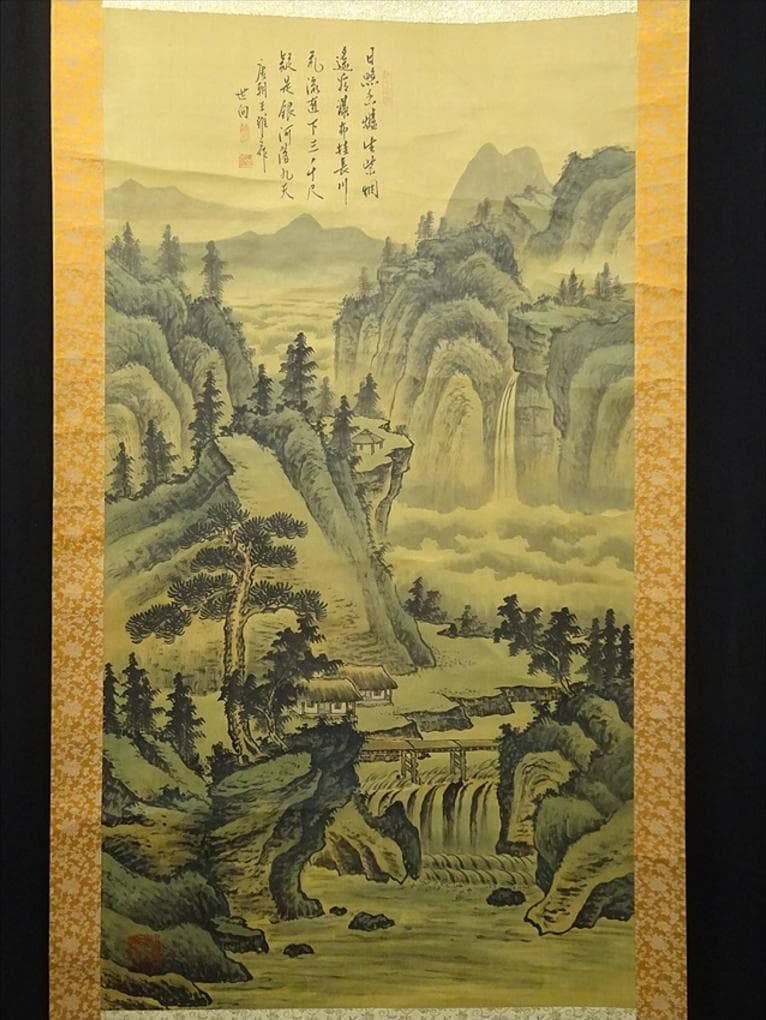 大幅掛軸 陳世向『李白 望盧山瀑布』中国画 絹本 箱付 掛け軸 a03253