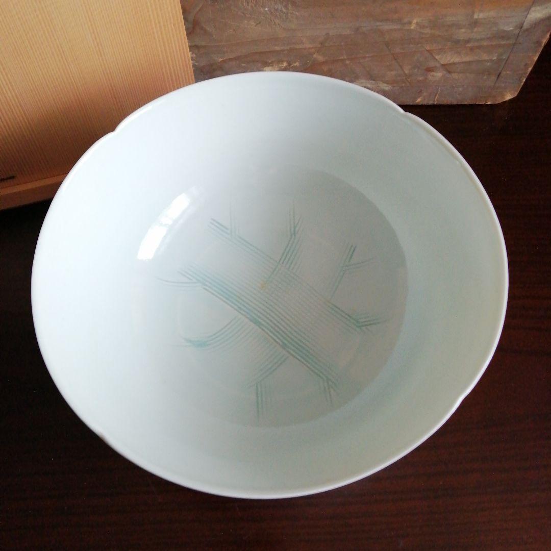 京焼　石橋裕史 　青白磁青磁釉象嵌櫛目文菓子鉢　22.2