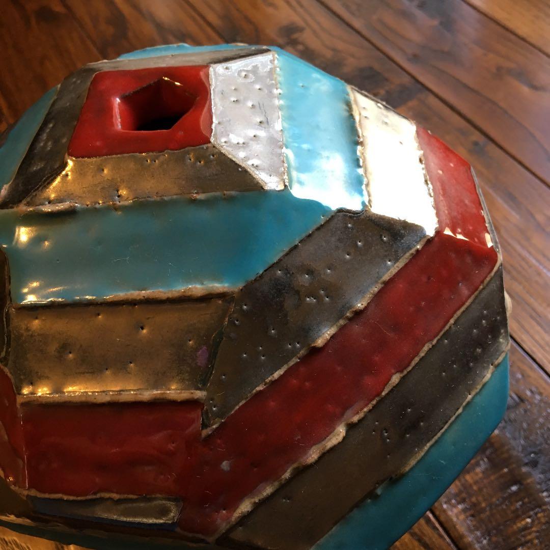 希少珍品！益子焼 瀬戸浩 赤青彩 銀條文壺 塩焼〆多面取壺 花器 飾壺 古美術品