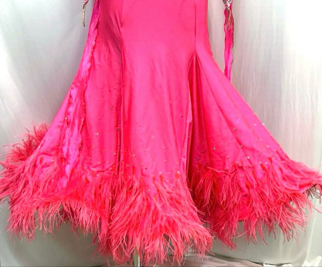 Y5697★SM★ピンク オーストリッチ スワロ スタンダードドレス☆社交ダンス