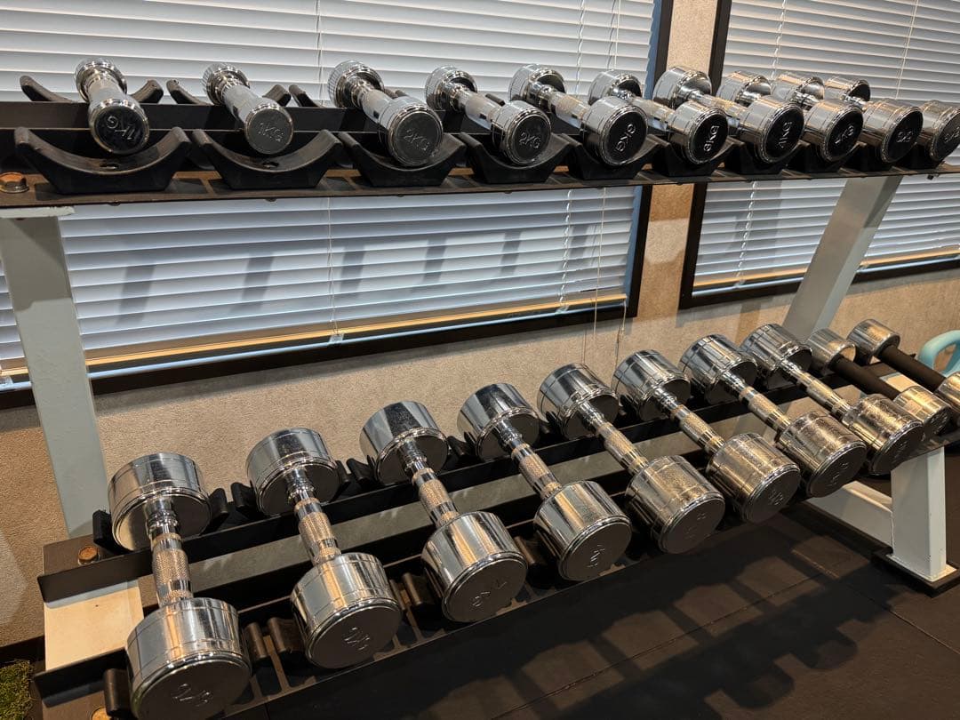 クロム仕上げのダンベルセット 1〜9kgペア　ラックセット