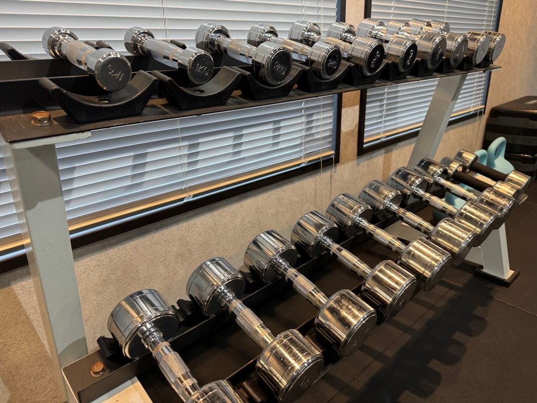 クロム仕上げのダンベルセット 1〜9kgペア　ラックセット