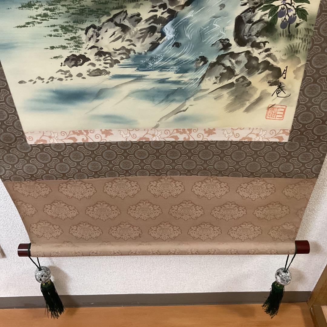 月 庵 筆 絹本彩色画 祝い軸 【七福神に富士図 】 軸先紫檀