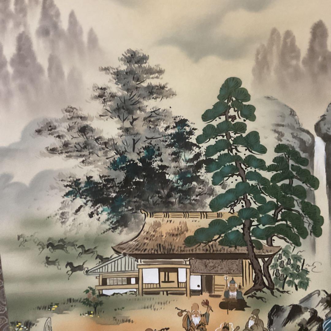 月 庵 筆 絹本彩色画 祝い軸 【七福神に富士図 】 軸先紫檀