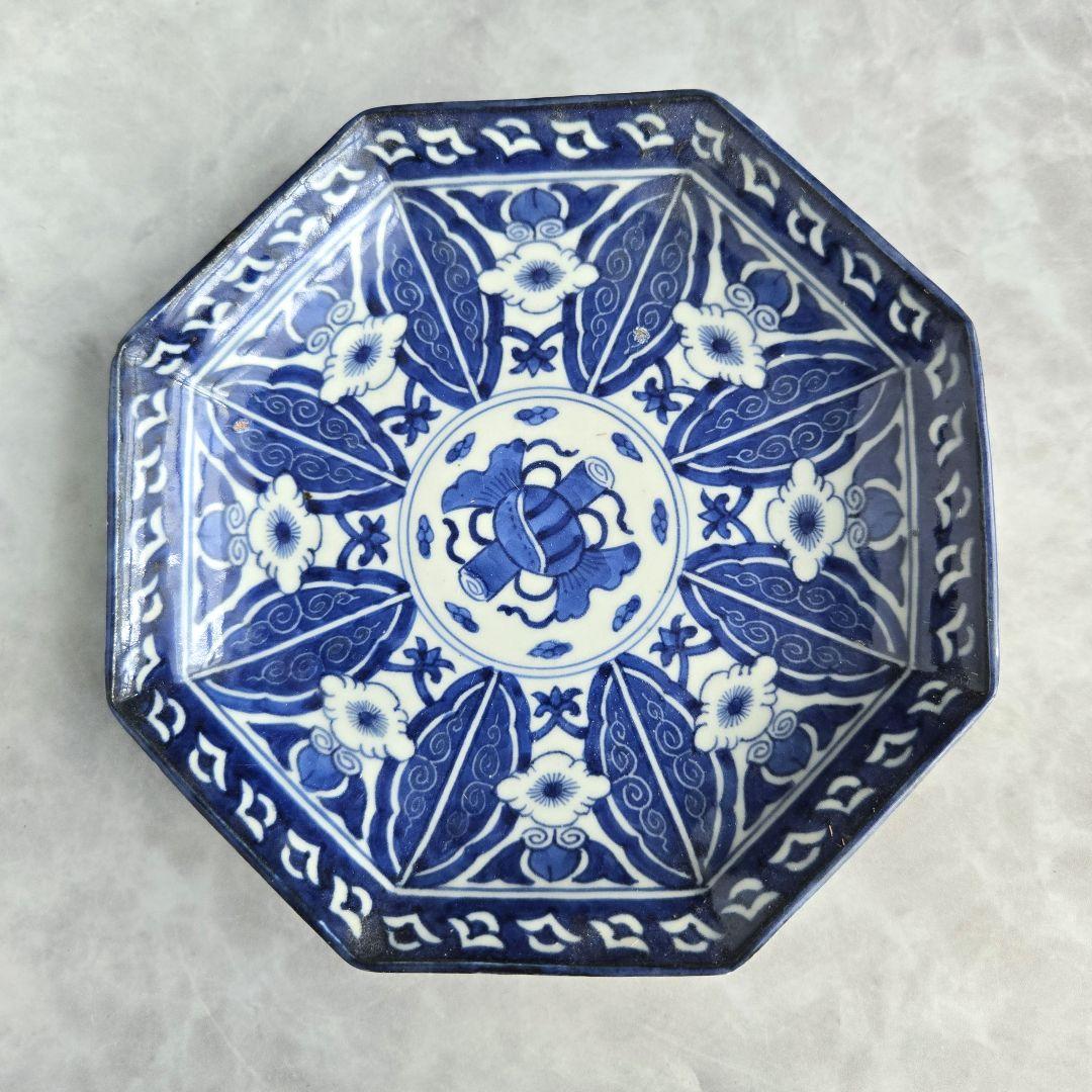 無傷完品　古伊万里　染付　八角　六寸皿　金継ぎ　アンティーク　骨董　江戸時代