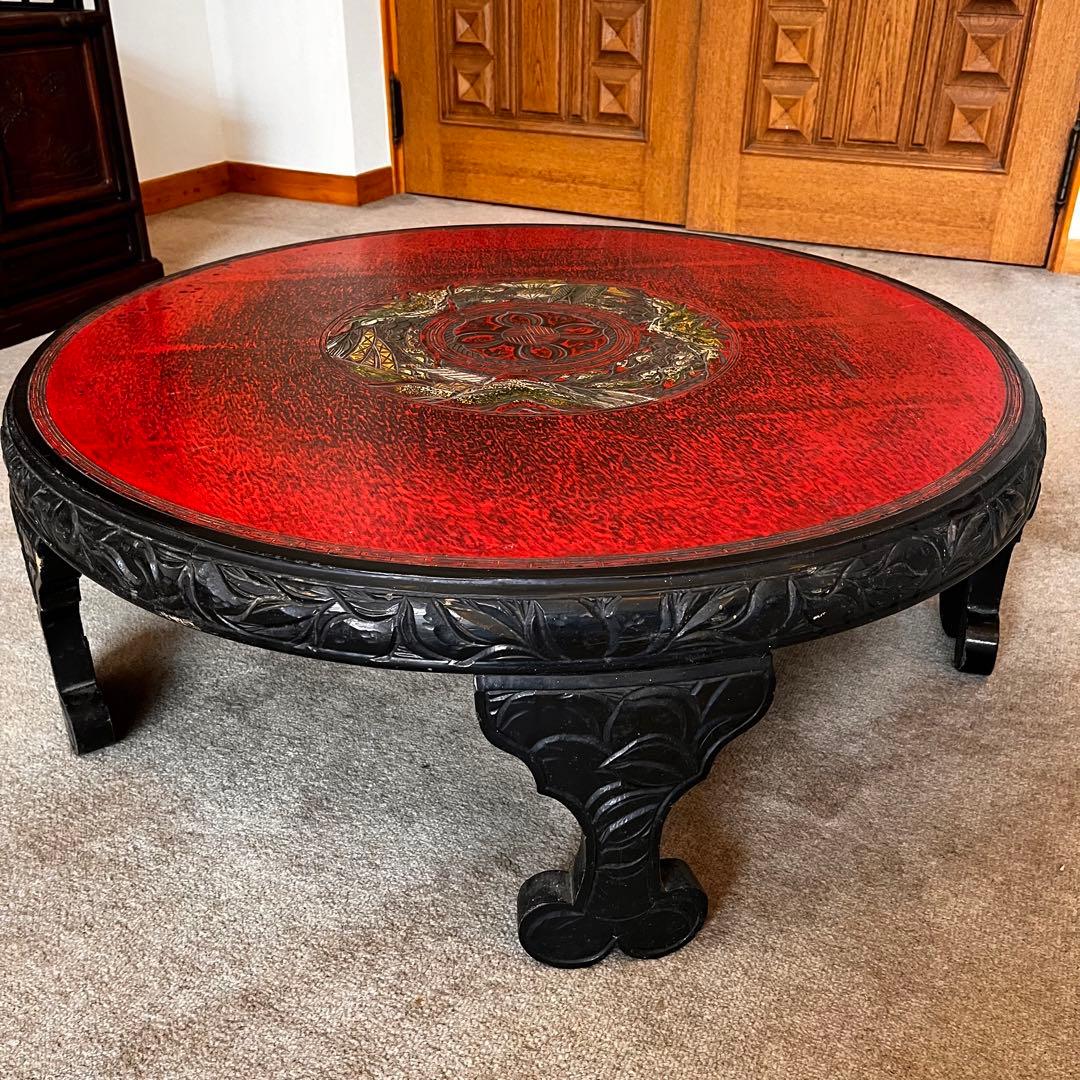 中国骨董 唐家具 飾彫り 円卓 座卓 ちゃぶ台 センターテーブル 古家具レトロ