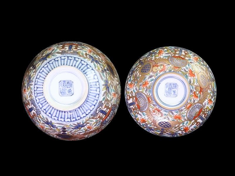 古伊万里　金襴手　鳳凰に宝珠　花唐草の図　蓋茶碗　E878AS-DCo