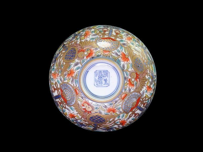 古伊万里　金襴手　鳳凰に宝珠　花唐草の図　蓋茶碗　E878AS-DCo