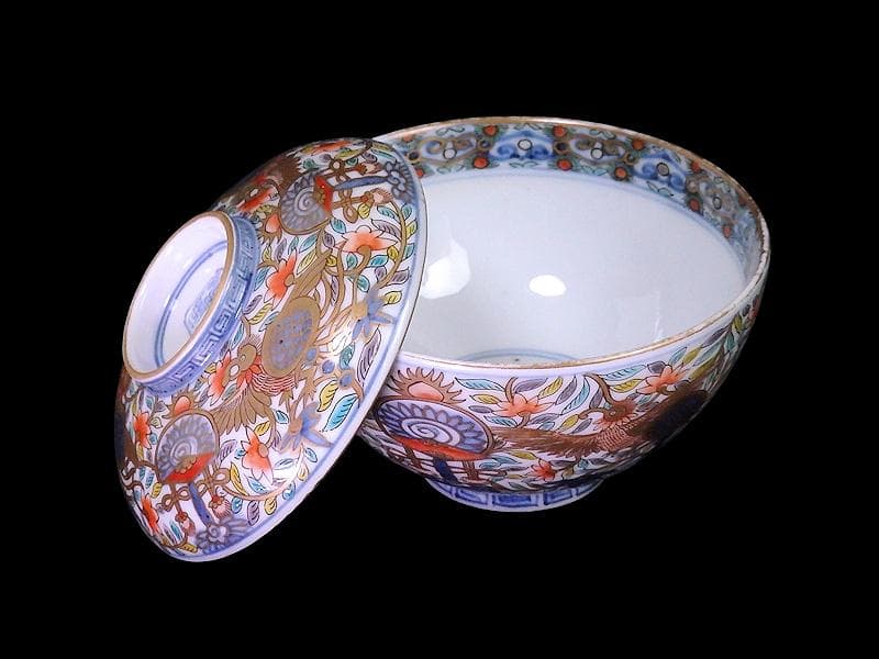 古伊万里　金襴手　鳳凰に宝珠　花唐草の図　蓋茶碗　E878AS-DCo
