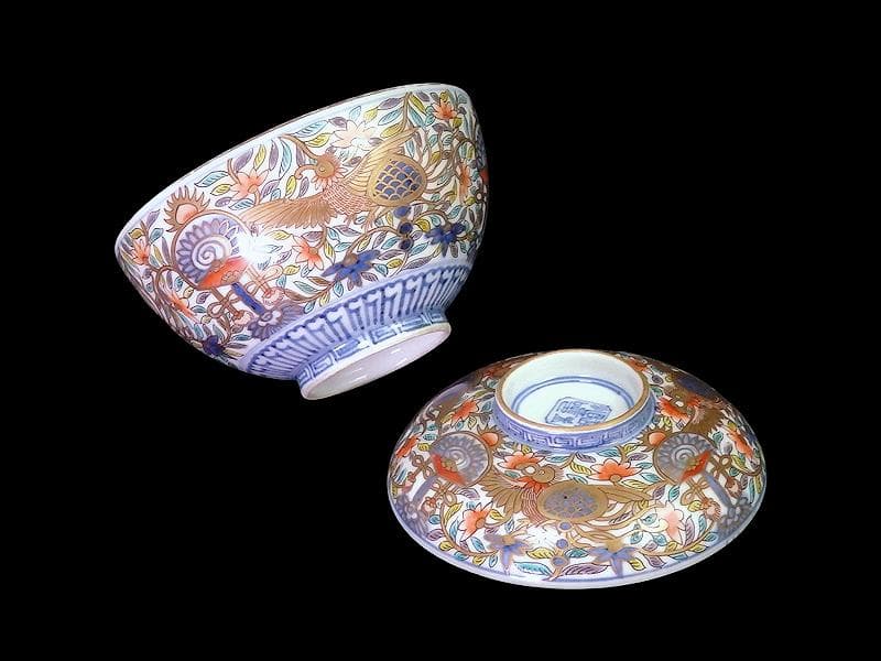 古伊万里　金襴手　鳳凰に宝珠　花唐草の図　蓋茶碗　E878AS-DCo