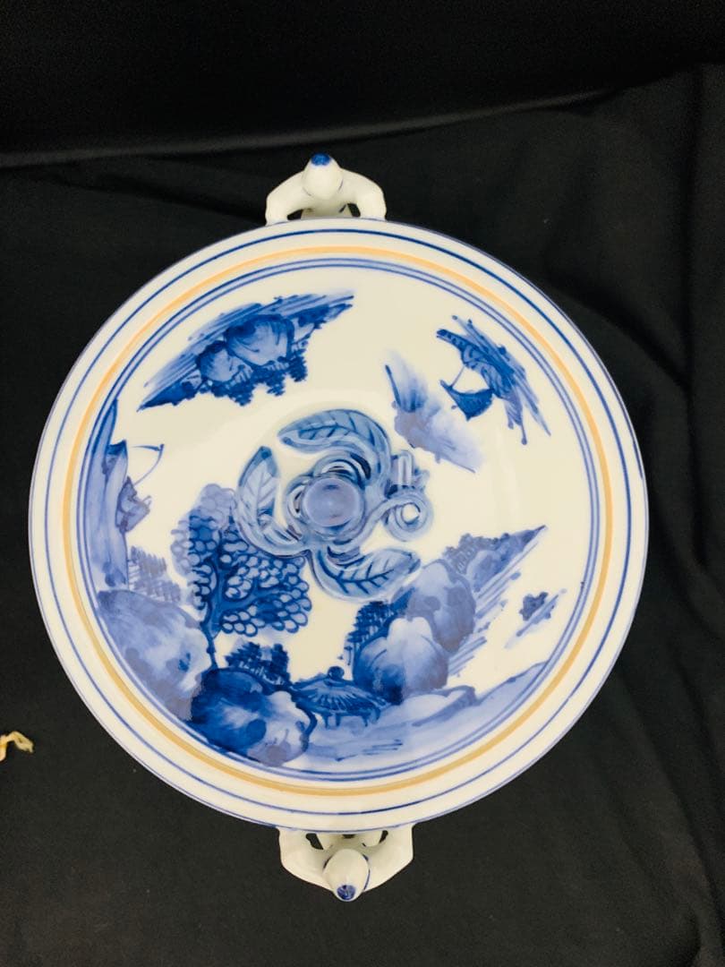 桃山窯　橋本喜泉　染付二宋神　唐子　水指　茶道具　栞黄布共箱付き