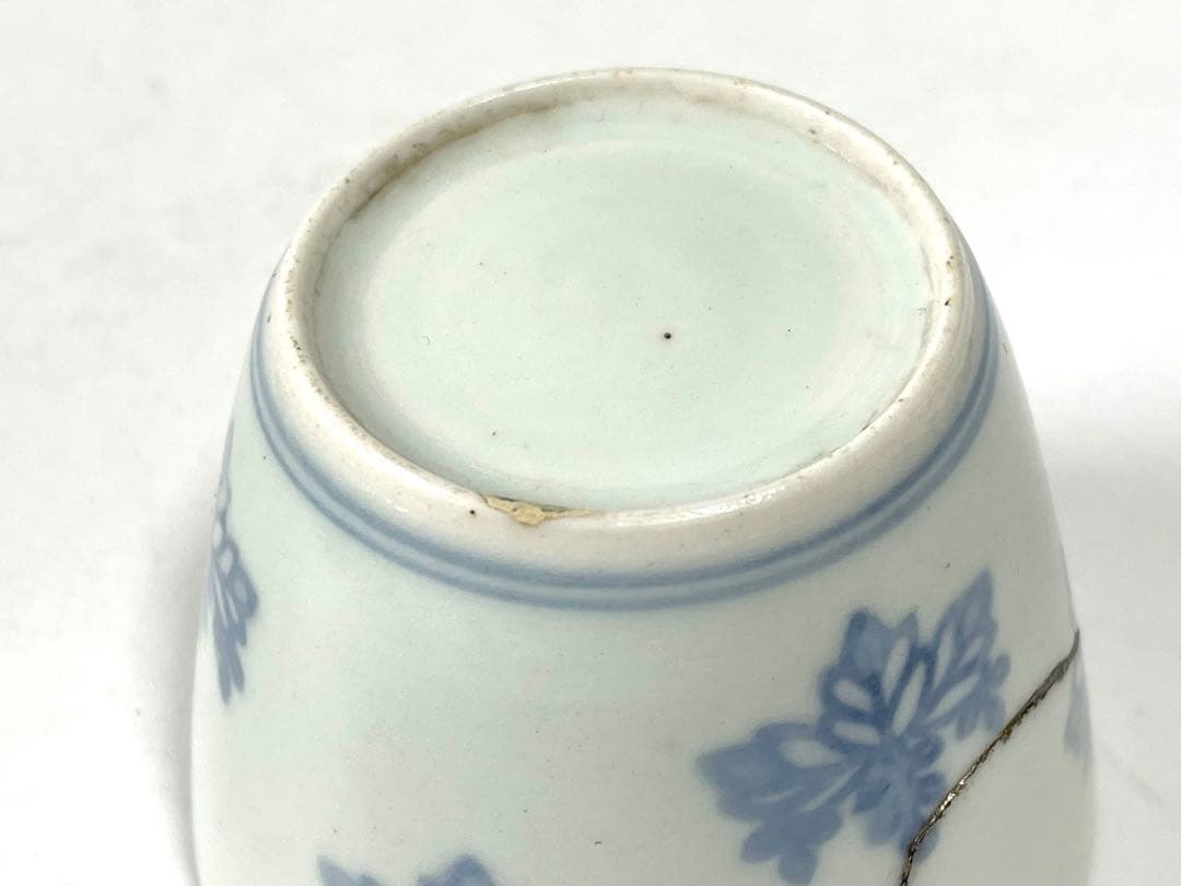 アンティーク　骨董　古伊万里　染付　こんにゃく印判　桐文様　桐　蕎麦猪口　銀継