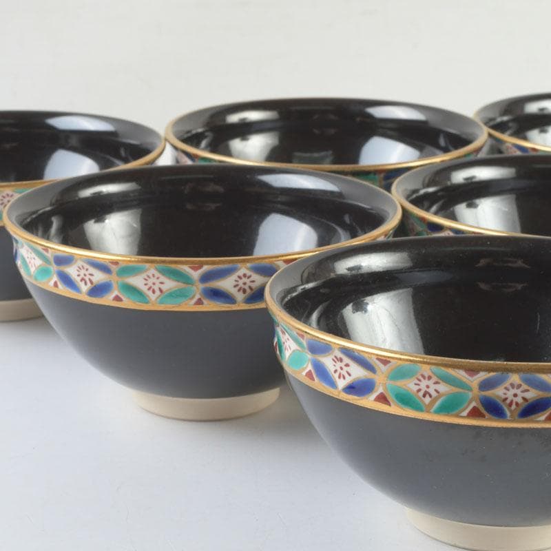 茶道具　京焼　平安　紫雲造　色絵　黒仁清七宝文　数茶碗　六客　V　9471