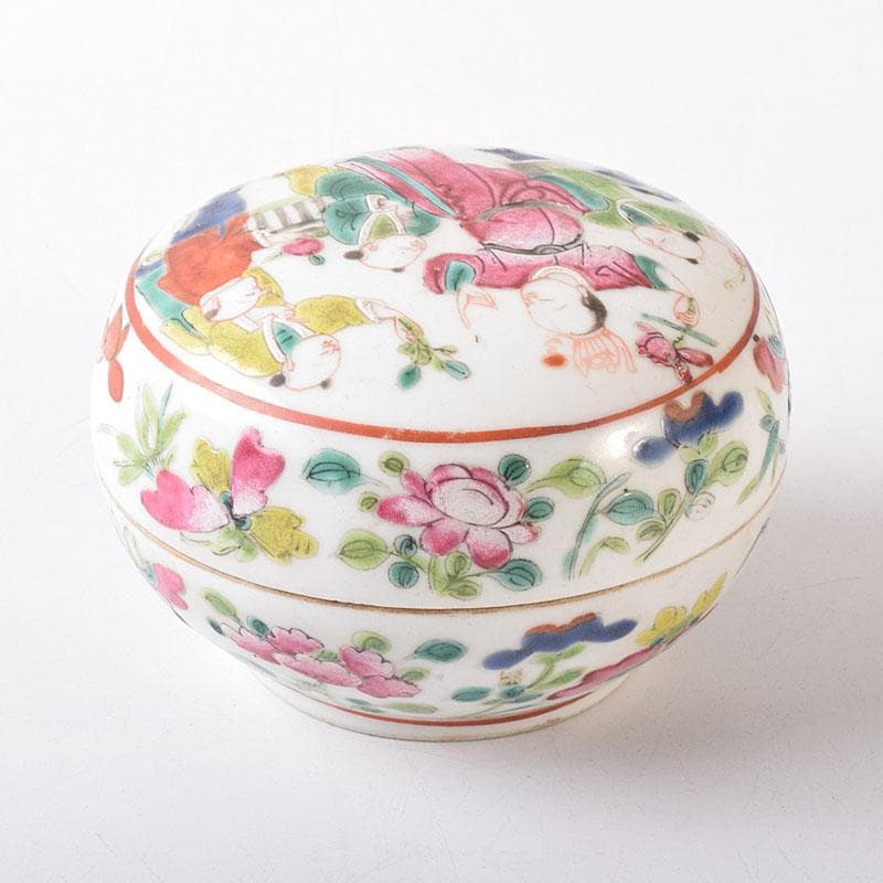 中国　粉彩　蓮花人物文　盒子　香合　蓋物　合わせ箱　V　R8271