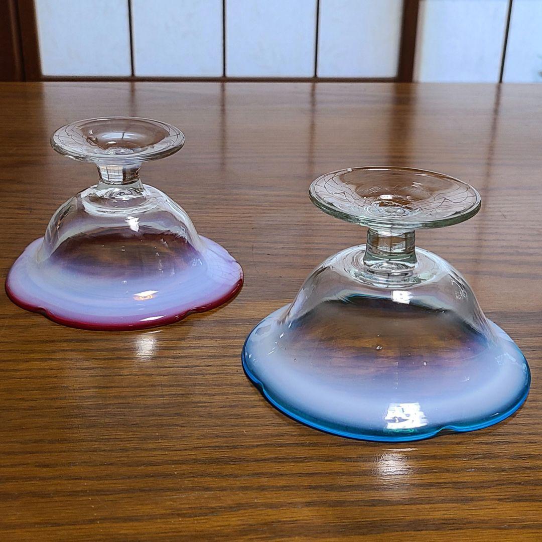 アンティーク　大正～昭和　乳白色　氷グラス　赤/青暈し　吹きガラス