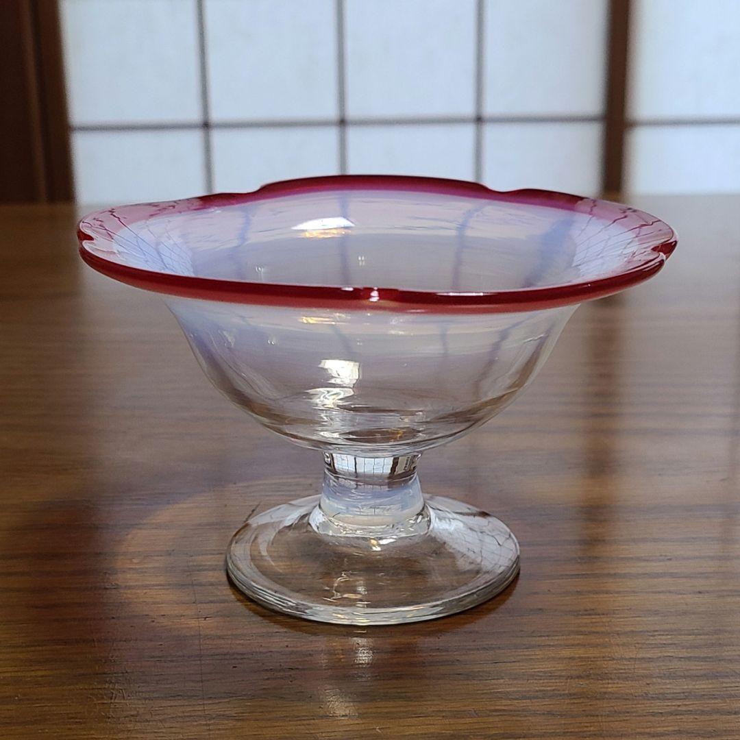 アンティーク　大正～昭和　乳白色　氷グラス　赤/青暈し　吹きガラス